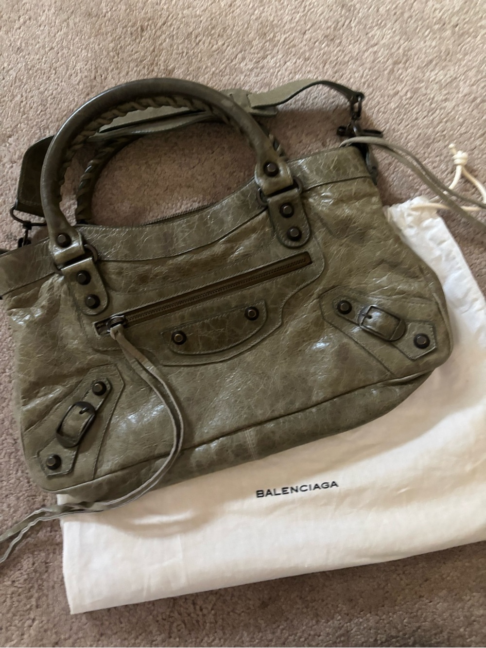 Vintage Balenciaga light Olive Green Leather First Shoulder Bag with Top Handles